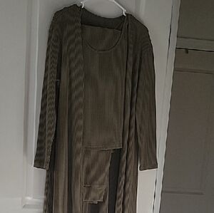 Olive Green 3 Piece Ribbed Long Cardigan and Top Set